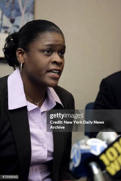 Anucha Browne Sanders speaks to the media during a news conference at her attorney's office. Sanders is filing a sexual harassment lawsuit against...