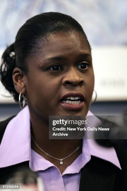 Anucha Browne Sanders speaks to the media during a news conference at her attorney's office. Sanders is filing a sexual harassment lawsuit against...