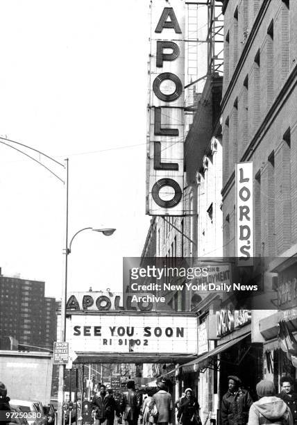 Apollo Theatre at 252 West 125th Street, Harlem marquee advertises planned April reopening.