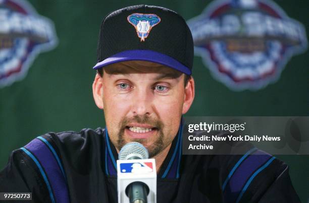 Arizona Diamondbacks' infielder Mark Grace speaks at news conference at Bank One Ballpark in Phoenix, Ariz., on the day before Game 1 of the World...