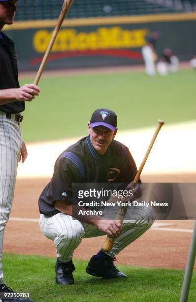 Arizona Diamondbacks' manager Bob Brenly watches practice at Bank One Ballpark in Phoenix, Ariz., on the day before his team takes on the New York...