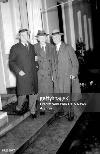 Arthur Ballantine, Under-Secretary of Treasury; William Woodin, Treasury Secretary, and G. W. Davidson, New York banker standing on the White House...