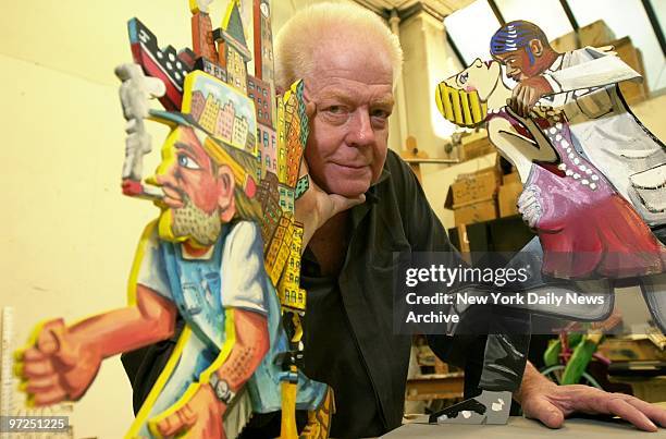 Artist Red Grooms is flanked by two of his artworks, "Construction Worker" and "Tango Dancers," in his downtown Manhattan studio. Grooms, born in...