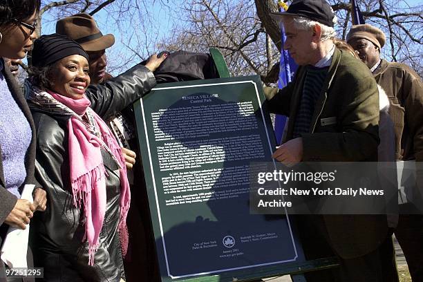 As part of the celebration of Black History Month, a historical sign is unveiled commemorating Seneca Village, probably Manhattan's first prominent...