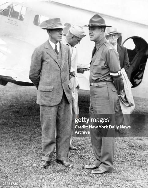 Assistant Secretary of War Robert P. Patterson , is greeted by Col. Cornelius F. Wickersham, on arrival at Ogdensburg to look over war games.