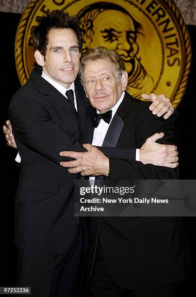 Ben Stiller has a hug for his dad, Jerry Stiller, at Friars Club Roast for Jerry at the Hilton Hotel.