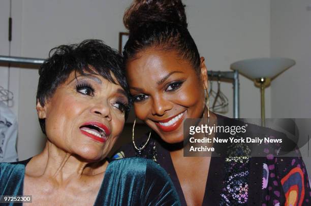 Eartha Kitt is visited by well-wisher Janet Jackson backstage at Carnegie Hall after her performance in C'est Si Bon: Eartha Kitt's Fabulous 80th...
