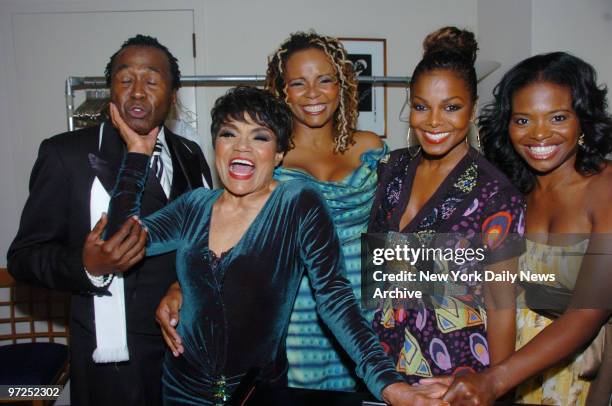 Eartha Kitt is visited by well-wishers Ben Vereen, Tonya Pinkins, Janet Jackson and LaChanze, backstage at Carnegie Hall after her performance in...