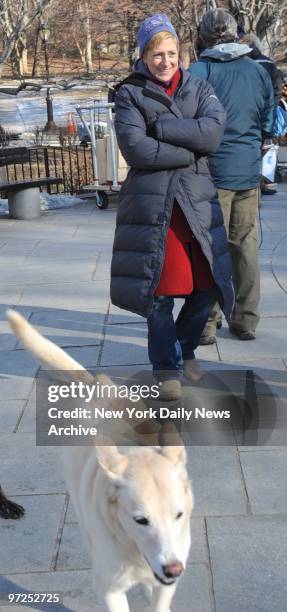 Edie Falco is dressed warm as she waits to film a scene in Central Park near Alice In Wonderland Bronze for her new Showtime TV Series "Nurse Jackie"...