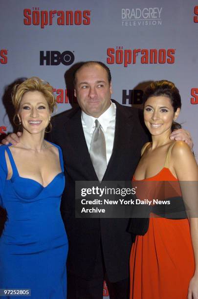 Edie Falco, James Gandolfini and Jamie-Lynn Sigler attend the world premiere of the sixth season of "The Sopranos" at the Museum of Modern Art in...