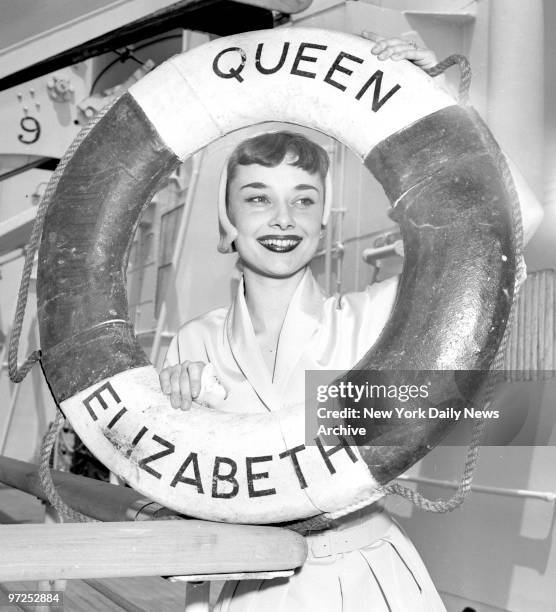 Audrey Hepburn star of Broadway play "Gigi" sails for Europe to make "Roman Holiday" with Gregory Peck.