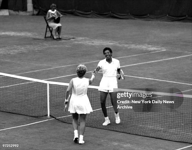 Hard Lost Match, After a tight match, Althea Gibson and Darlene Hard approach net for traditional hand shake. Althea lost first set, 6-3, to the...