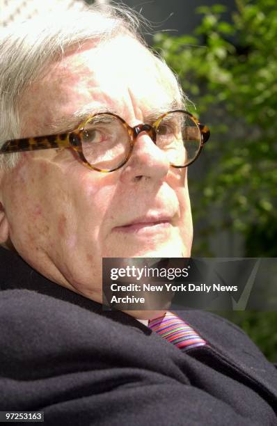 Author Dominick Dunne on his Manhattan terrace. A collection of his essays will soon be available in the book, "Justice : Crimes, Trials, and...