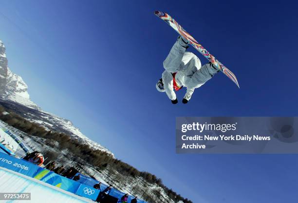 Hannah Teter of the U.S. Competes in the Women's Halfpipe Snowboard competition in Bardonecchia during the 2006 Winter Olympic Games. Teter took the...