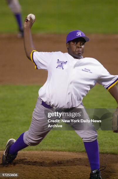 Harlem pitcher Alibay Barkley takes a workout on the mound during a practice session for tonight's regional tournament game in Bristol, Conn. Harlem...