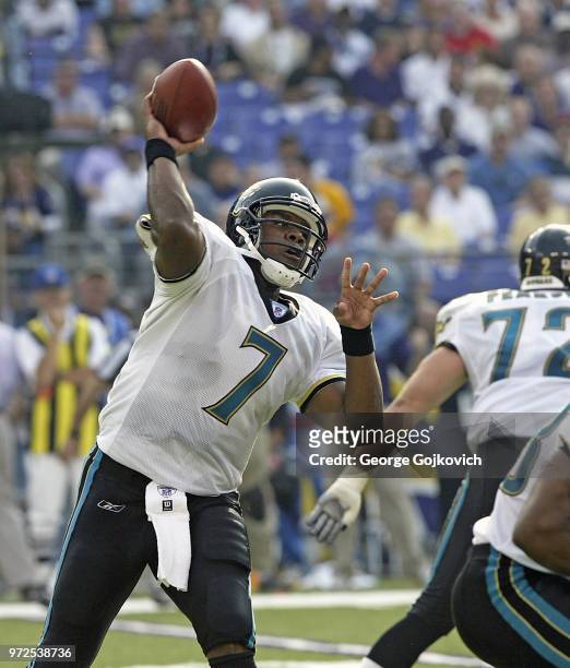 Quarterback Byron Leftwich of the Jacksonville Jaguars passes during a game against the Baltimore Ravens at M&T Bank Stadium on November 2, 2003 in...