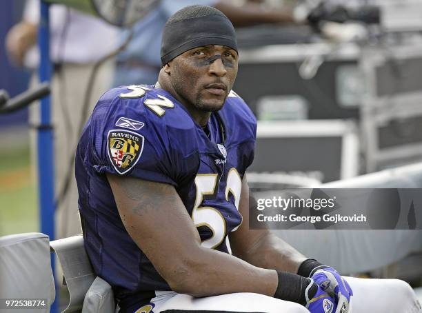 Linebacker Ray Lewis of the Baltimore Ravens looks on from the sideline during a game against the Jacksonville Jaguars at M&T Bank Stadium on...