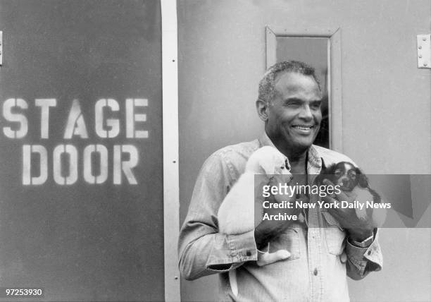 Harry Belafonte With dogs Maryann and Matilda at Westbury Music Fair stage door.