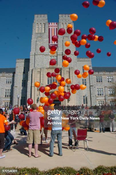 Balloons are released on the campus of Virginia Tech during a moment of silence to remember those killed in last Monday's school massacre that...