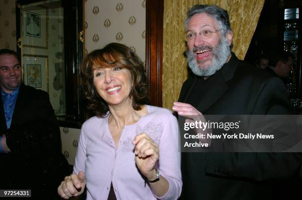 Harvey Fierstein and Andrea Martin share a laugh during a party to celebrate their appearance in "Fiddler on the Roof" at Firebird restaurant on W....