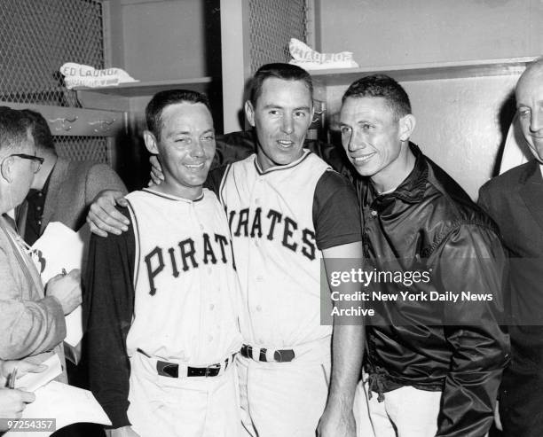 Harvey Haddix, Pirates starter , with El Roy Face and Bill Mazeroski are all smiles as Pittsburgh goes up one game in World Series against the New...