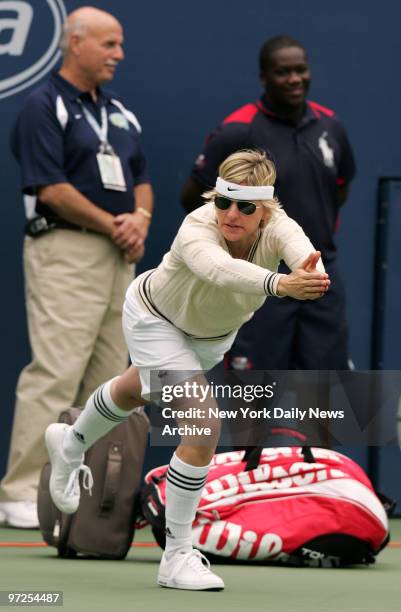 Ellen Degeneres clowns around during Arthur Ashe Kids' Day at the USTA National Tennis Center in Flushing Meadows-Corona Park, Queens. The...