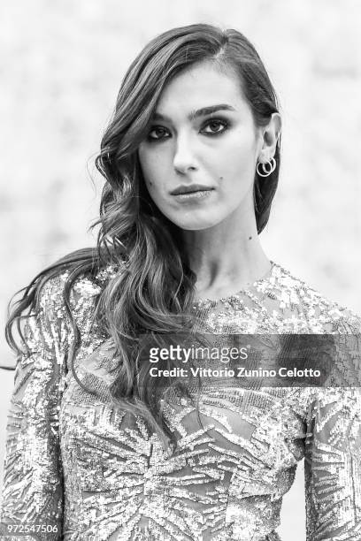 Image has been converted to black and white) Stella Egitto arrives at Convivio 2018 on June 5, 2018 in Milan, Italy.