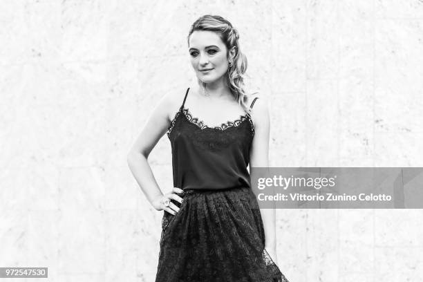 Image has been converted to black and white) Carolina Crescentini arrives at Convivio 2018 on June 5, 2018 in Milan, Italy.