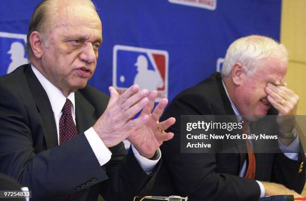 Baltimore Orioles' principal owner Peter Angelos speaks during a news conference at the baseball commissioner's office on Park Ave. After the Players...