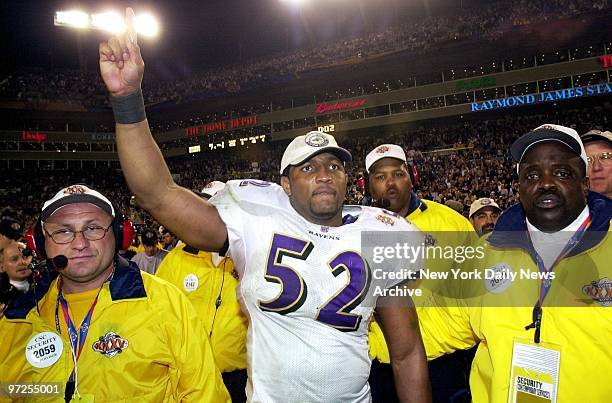 Baltimore Ravens' Ray Lewis, named the game's MVP, celebrates after his team crushed the New York Giants, 34-7, at the Raymond James Stadum in Tampa...