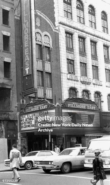 Flag is draped in mourning crepe at the Fillmore East, on East Sixth and Second Avenue in New York City.