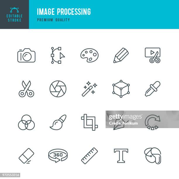 ilustraciones, imágenes clip art, dibujos animados e iconos de stock de procesamiento de imágenes - conjunto de iconos de vector línea - 360 images