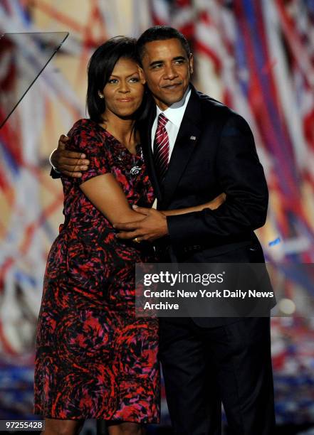 Barack and Michelle Obama after his speech at the Democratic National Convention., 2008 Democratic National Convention in Denver, CO.