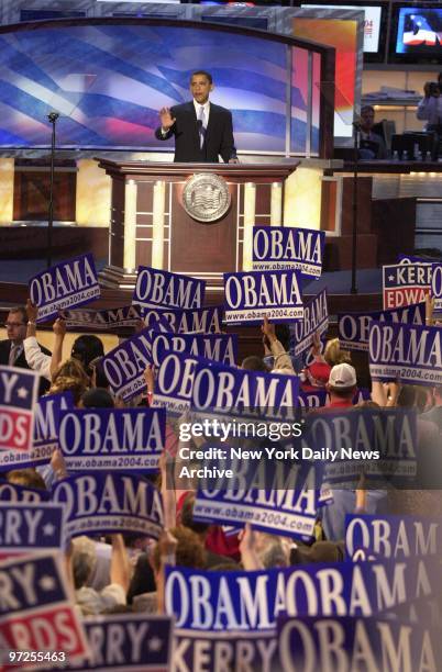 Barack Obama, an Illinois state senator running for the U.S. Senate, delivers the keynote speech on the second night of the Democratic National...