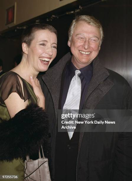 Emma Thompson and Mike Nichols share a laugh the premiere of the HBO movie "Wit" at the Beekman Theater. She stars in the film; he directed it.