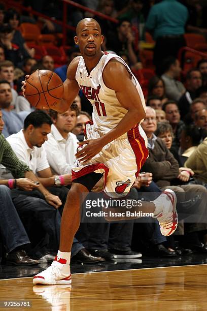 Rafer Alston of the Miami Heat drives the ball up court during the game against the Houston Rockets at American Airlines Arena on February 9, 2010 in...
