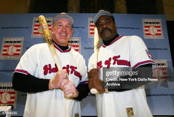 Baseball greats Gary Carter and Eddie Murray sport their new Hall of Fame jerseys and caps at a news conference at the Waldorf-Astoria.