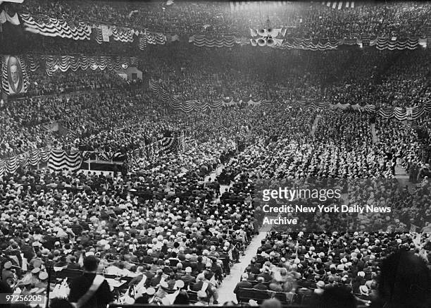 Herbert Hoover addresses crowd at Madison Square Garden during his presidential campaign in the East.