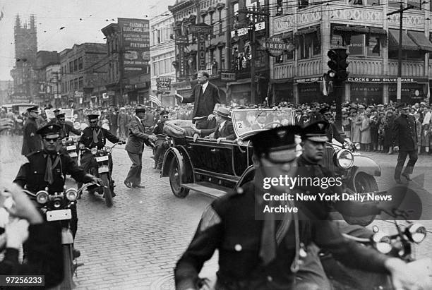 Herbert Hoover waves to crowd in Elizabeth, N.J., during his Presidential campaign.