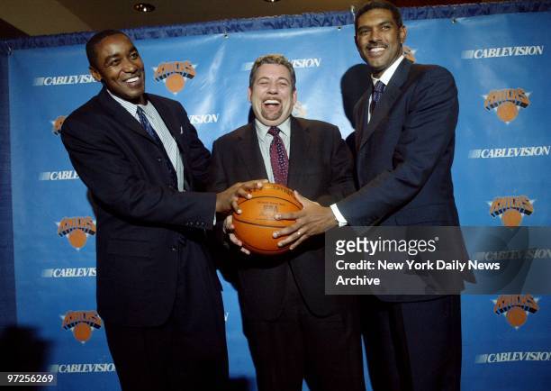 Basketball Hall of Famer Isiah Thomas , newly named president of the New York Knicks, gets together with Madison Square Garden chairman James Dolan...
