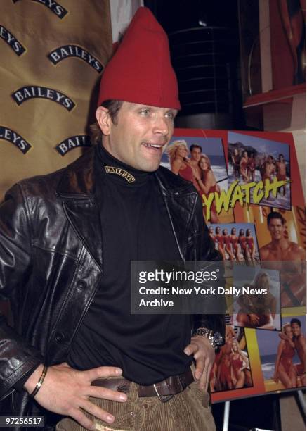 Baywatch hunk David Chokachi at the Fashion Cafe, where he donated his red swim trunks and a Bailey,s ski hat in honor of spring skiing.