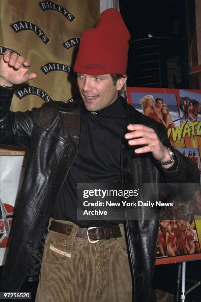 Baywatch hunk David Chokachi at the Fashion Cafe, where he donated his red swim trunks and a Bailey's Ski Hat in recognition of spring skiing.