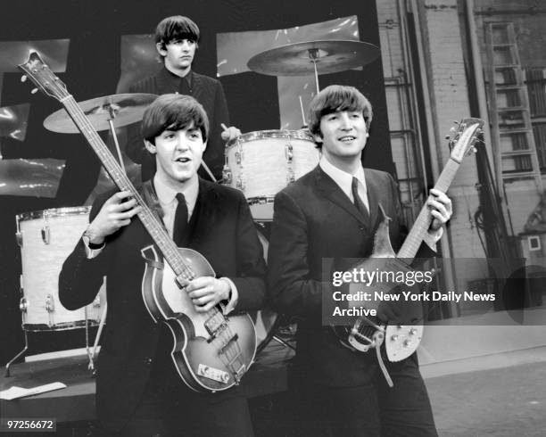 Beatles Ringo Starr Paul McCartney and John Lennon, rehearse at CBS studio. The Beatles have to be seen to be believed. If you want to hear them,...