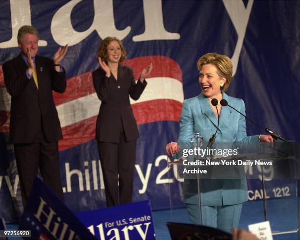 Hillary Clinton victory celebration at the Grand Hyatt Hotel. Behind her is husband Bill Clinton and daughter Chelsea.