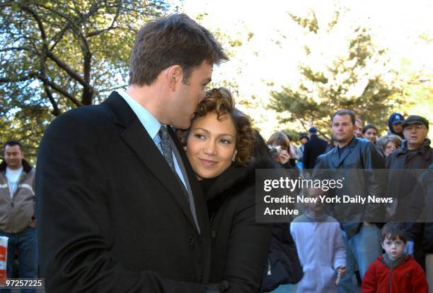 Ben Affleck and Jennifer Lopez play an off-camera love scene in Central Park, where they were filming their new flick, "Jersey Girl." Lopez,...