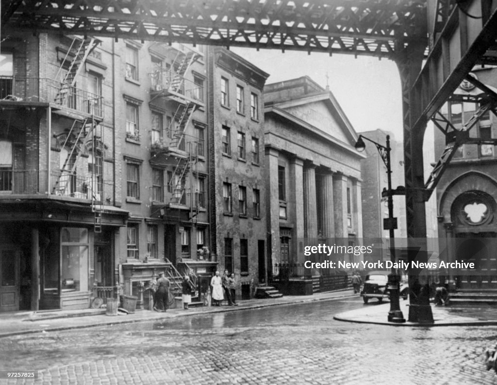 Historic Saint James Church (with columns) on lower East Sid