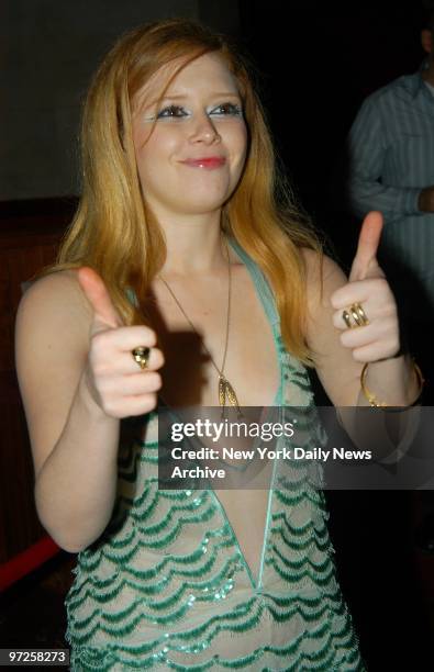 Everything is thumbs-up for Natasha Lyonne at a postpremiere party at Laura Belle's for the movie "Die Mommie Die!" She stars in the film.