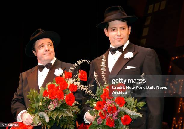 Everything's coming up roses for Nathan Lane and Matthew Broderick as they take their bows after their final performances in "The Producers" at the...