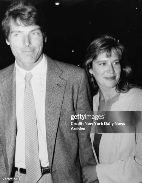 Christopher Reeve and Dana Morosini arrive at "Running on Empty" premiere.