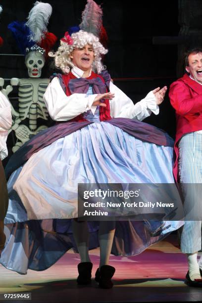 Bewigged "mystery guest" Kevin Kline performs with Hamish McColl on the opening night of "The Play What I Wrote" at the Lyceum Theater on W. 45th St.